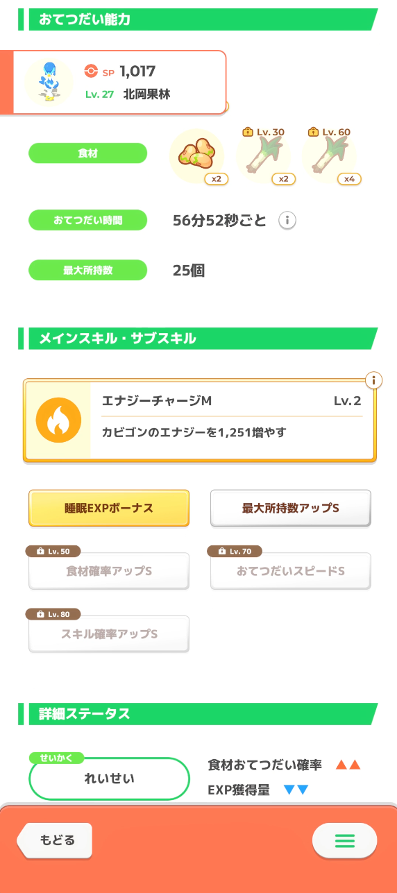 愛用ウェーニバルのステータス詳細画面